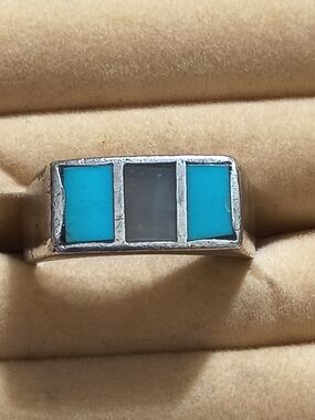 Turquoise & MOP Inlay Sterling Navajo Native American Signet Style Ring Sz 10.5